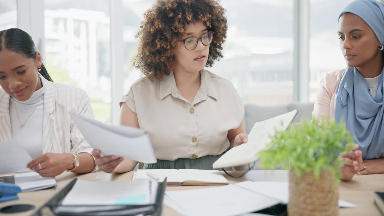 Woman, document and review with business