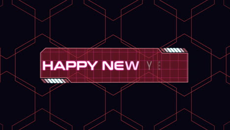 happy new year on digital screen with hud elements and neon grid