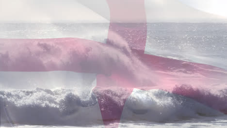 animación de la bandera de inglaterra soplando sobre las olas en el mar