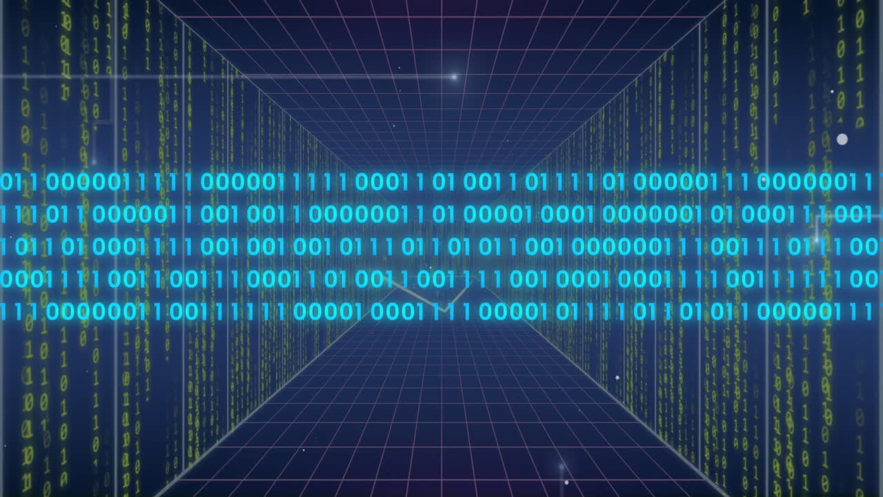 Animation of data processing over light trails on blue background