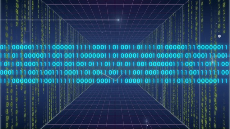 Animation of data processing over light trails on blue background