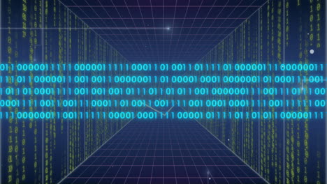 Animation of data processing over light trails on blue background