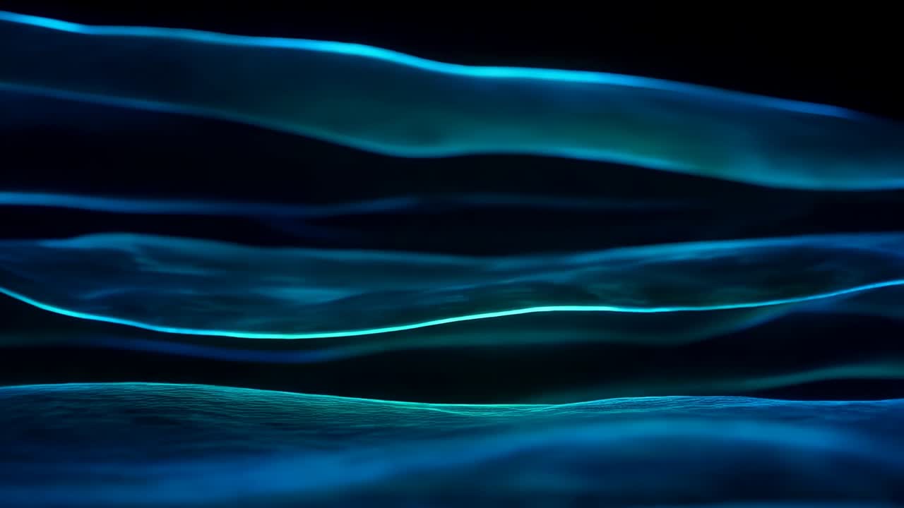 Playback starting, undulating layered glowing ribbons drifting in dark void, lower ridge rising