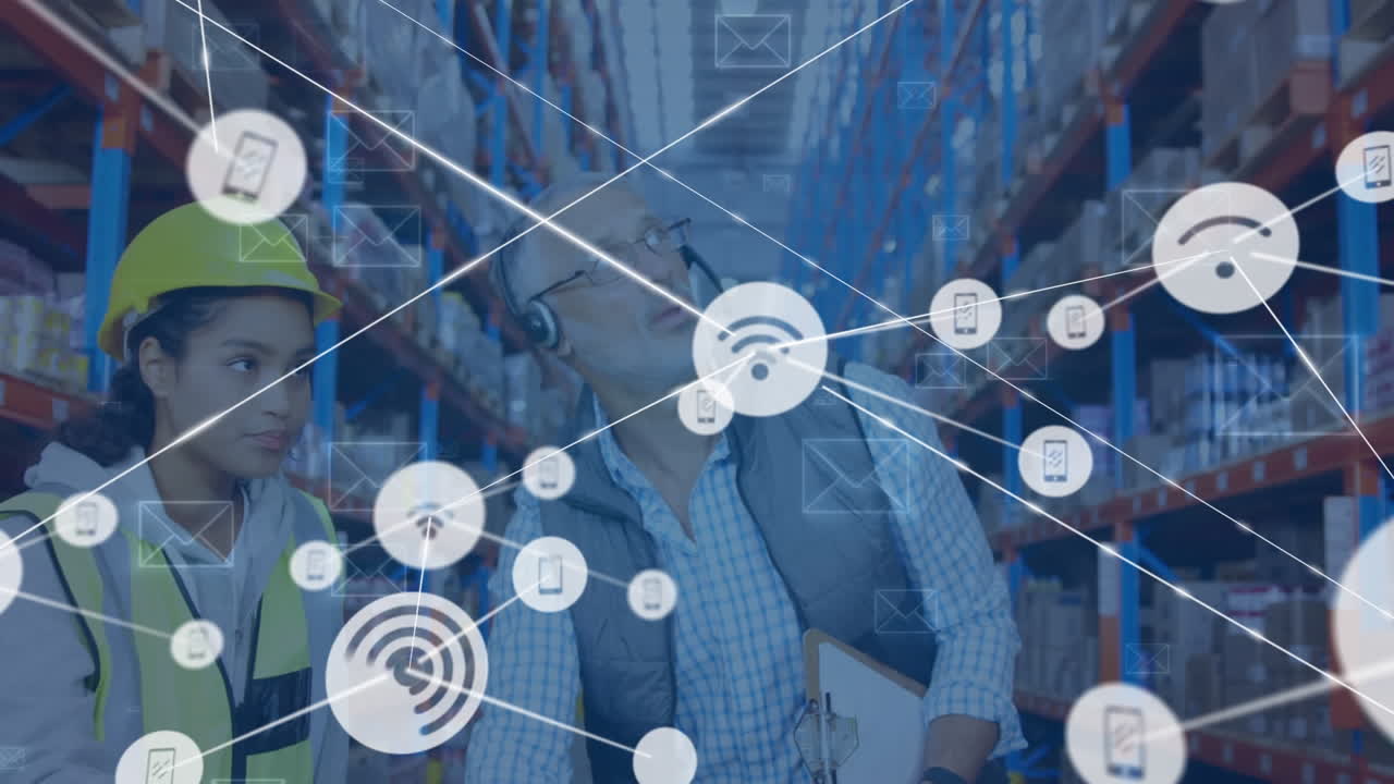 animación de la red de conexiones con iconos sobre diversas personas que trabajan en el almacén