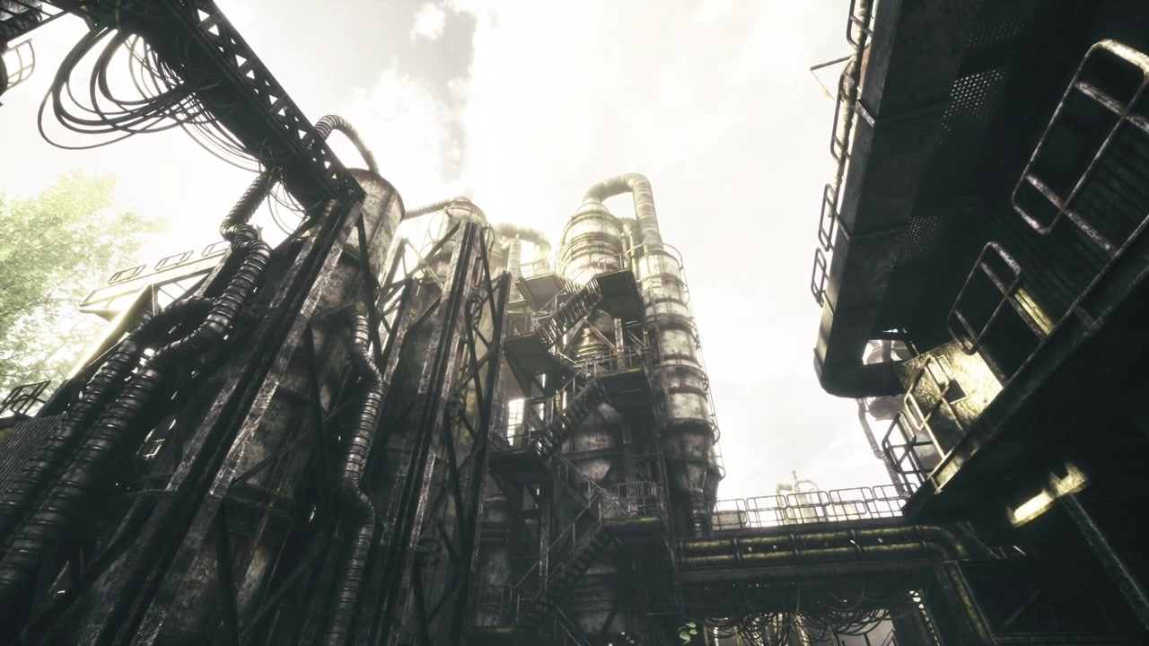 Deserted industrial relics tower beneath luminous beams and shadows