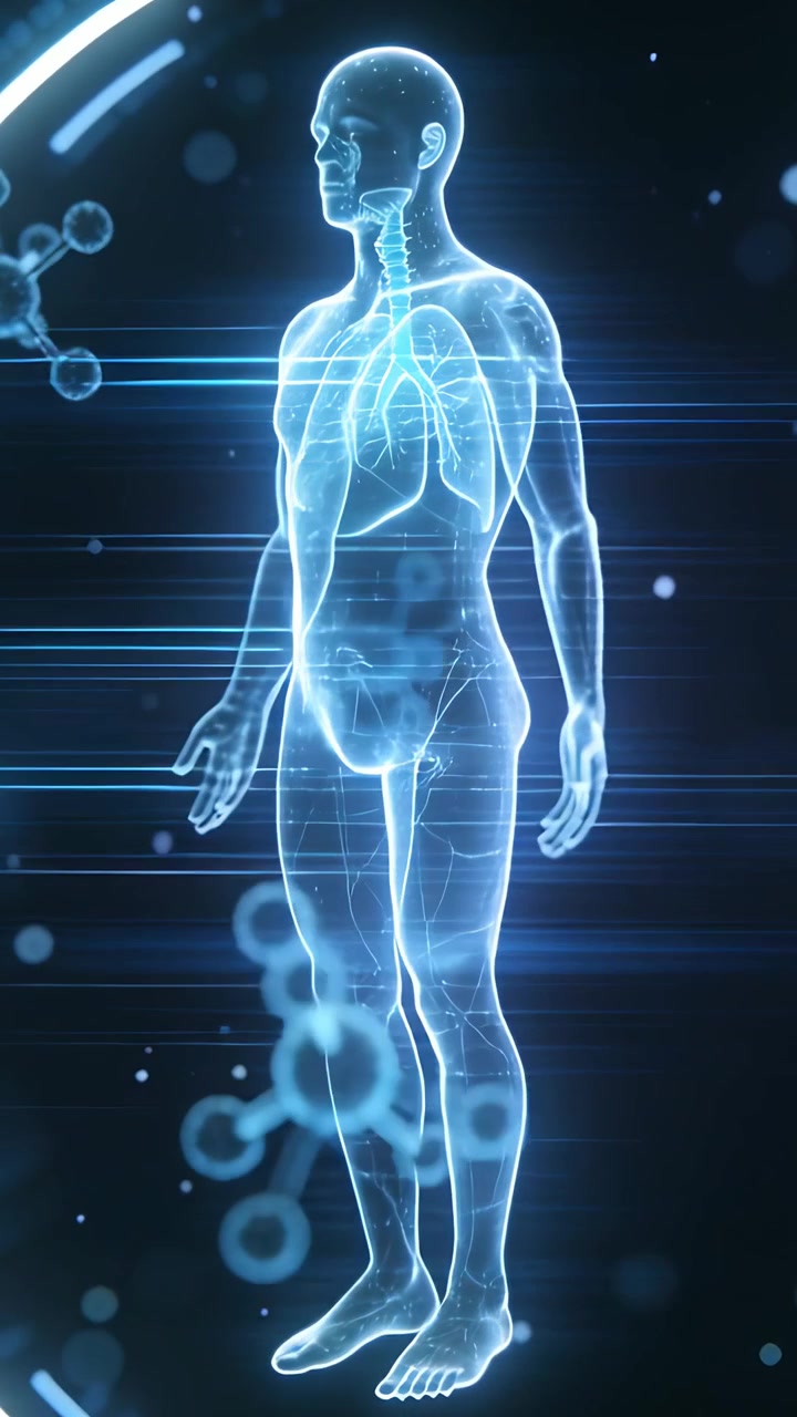 Vertical video: Starting scan hologram rotating in dark lab, lungs pulsing for anatomy display