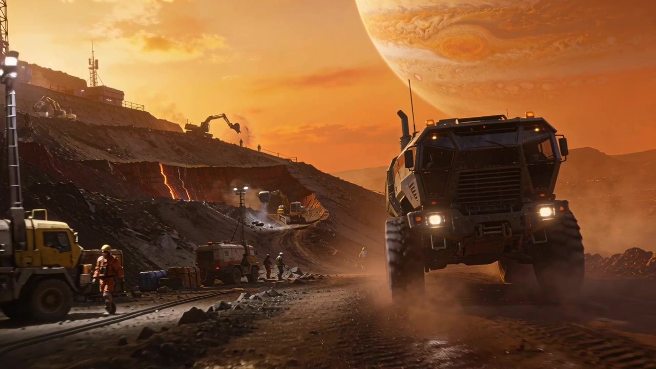 Driving haul truck after loading along plain at mine, excavators, crew suits, gas-giant, copy space