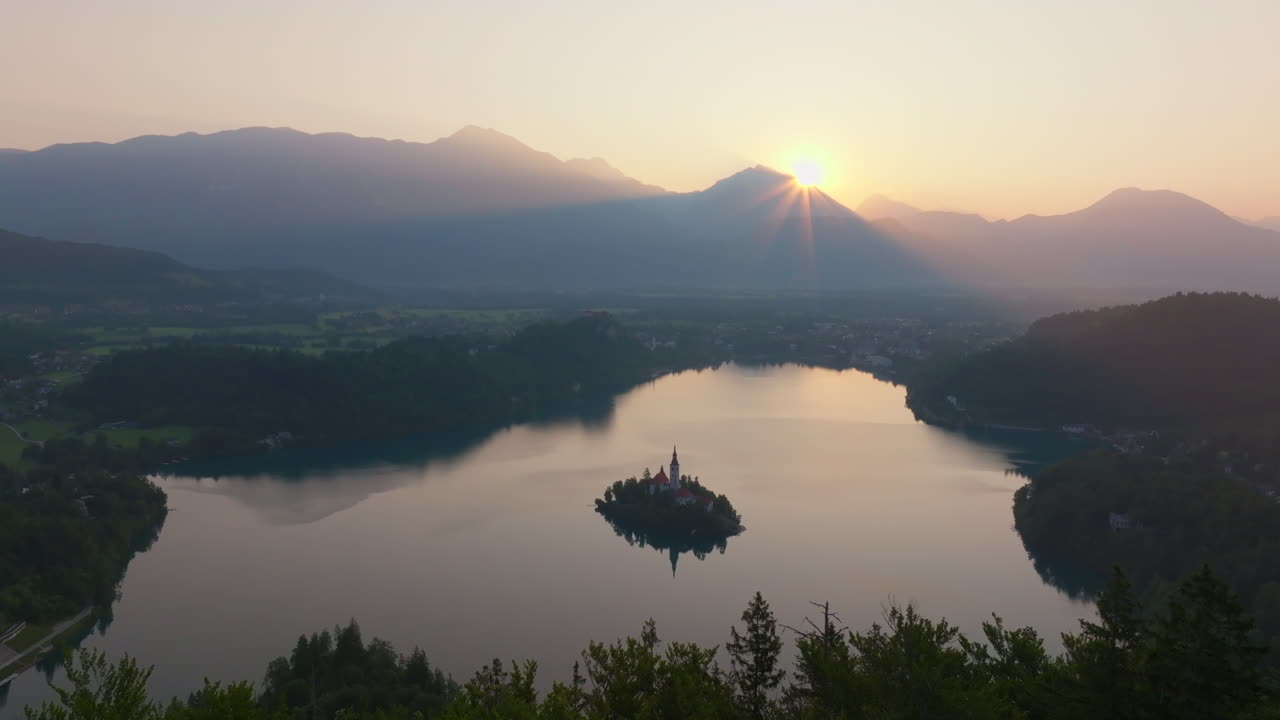 Tranquil Golden Hour Over Bled Island – Dreamy Cinematic Drone Shot