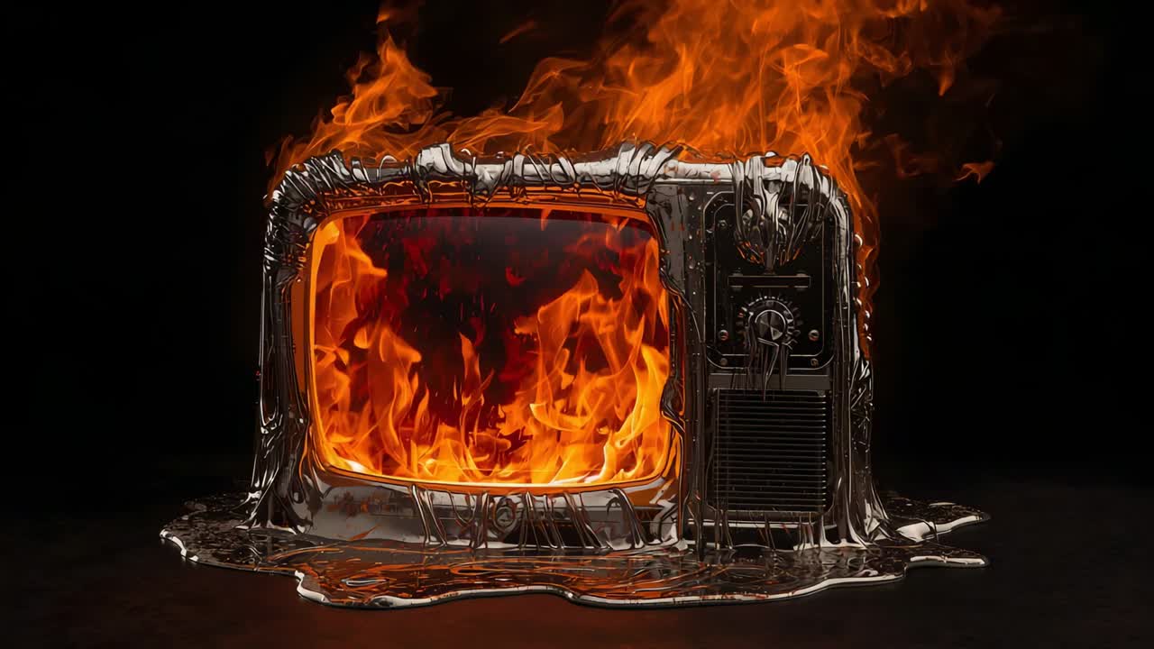 Skærmflammer antænder et vintage CRT-tv med drejeknap og ledninger, smeltende kabinet på studiegulvet.