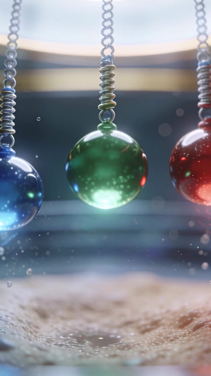 Vertical video: Pulling by gravity green orb forming long droplet toward sand in tank