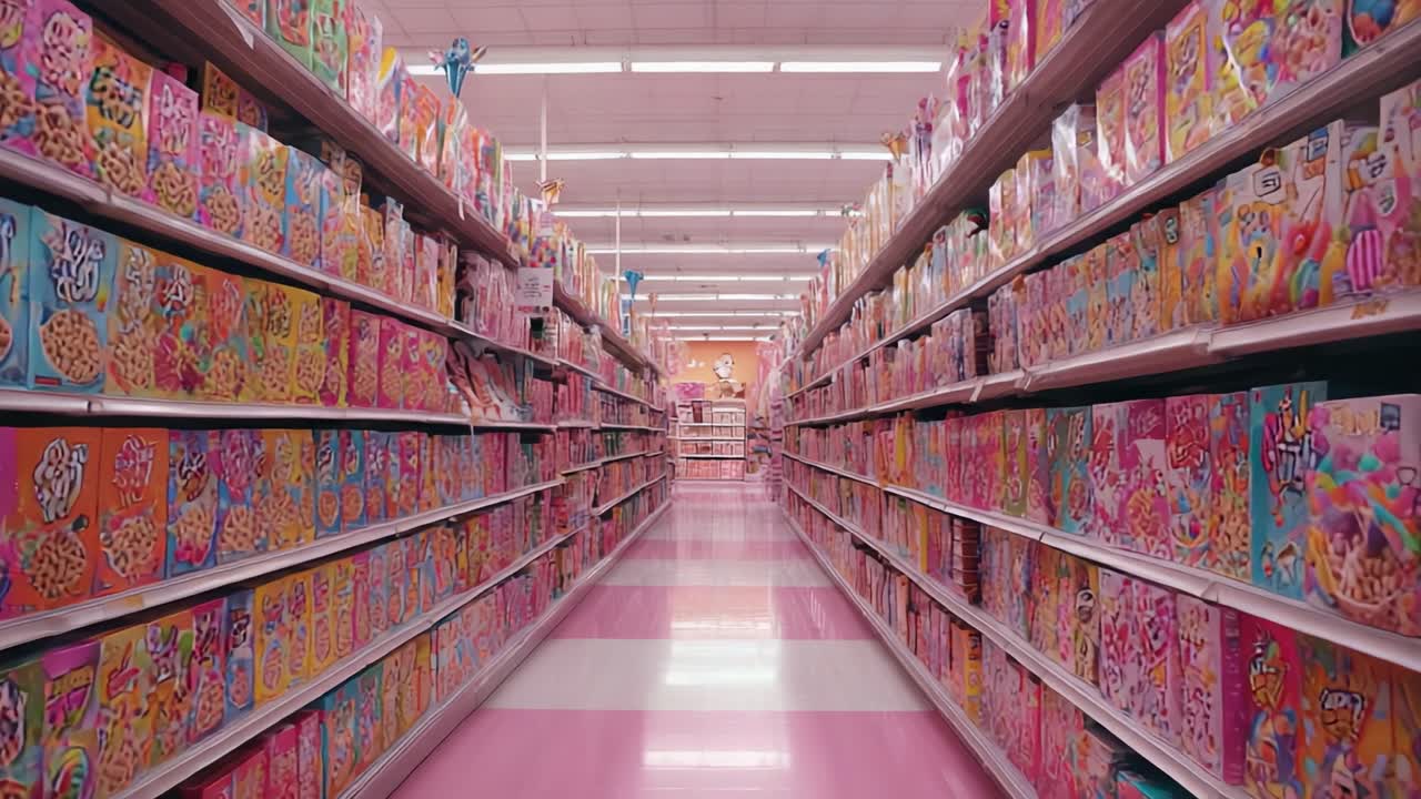 Vibrant Aisle of Colorful Cereal Boxes in a Brightly Lit Store Showcasing a Delightful Selection of Fun and Whimsical Breakfast Cereals for Kids