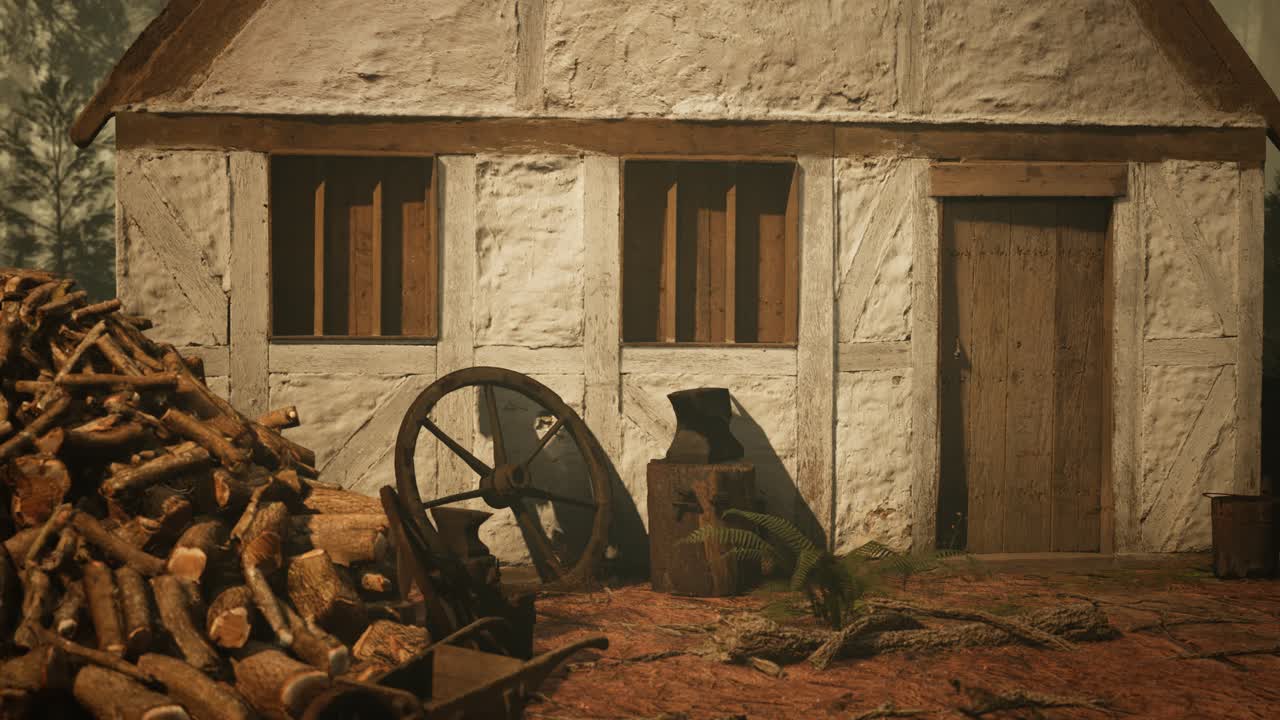 가을의 숲에 있는 오래된 나무 집