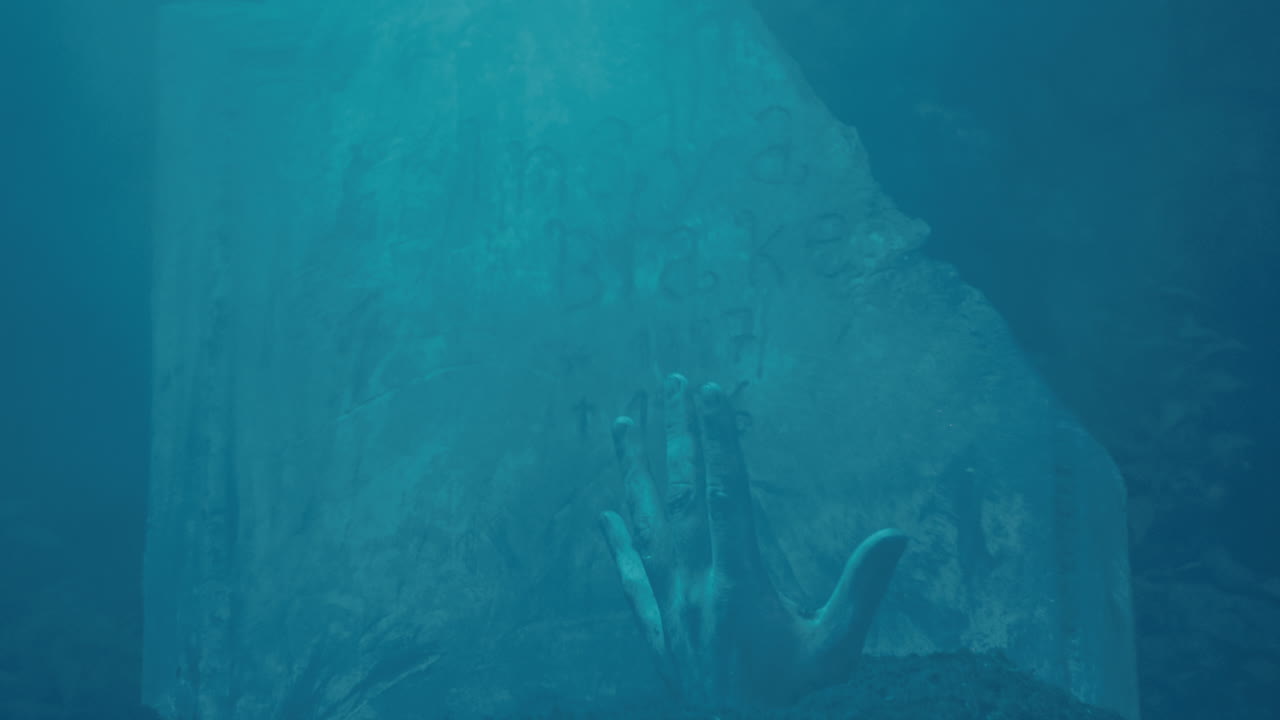 mano zombie levantándose de la tumba, lápida en el fondo, luz de luna azul, atmósfera de suspenso o terror