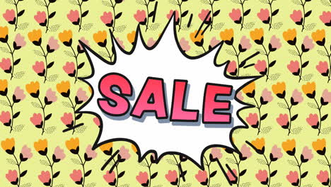 animación de texto de venta caliente sobre burbuja de habla y flores que se mueven en movimiento hipnótico