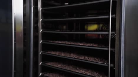 bandejas de vainas de cacao dentro del horno de secado