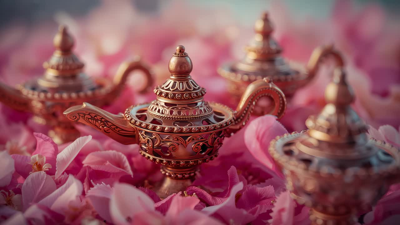 Panning camera focusing on brass genie lamp in studio among pink rose petals, revealing three lamps