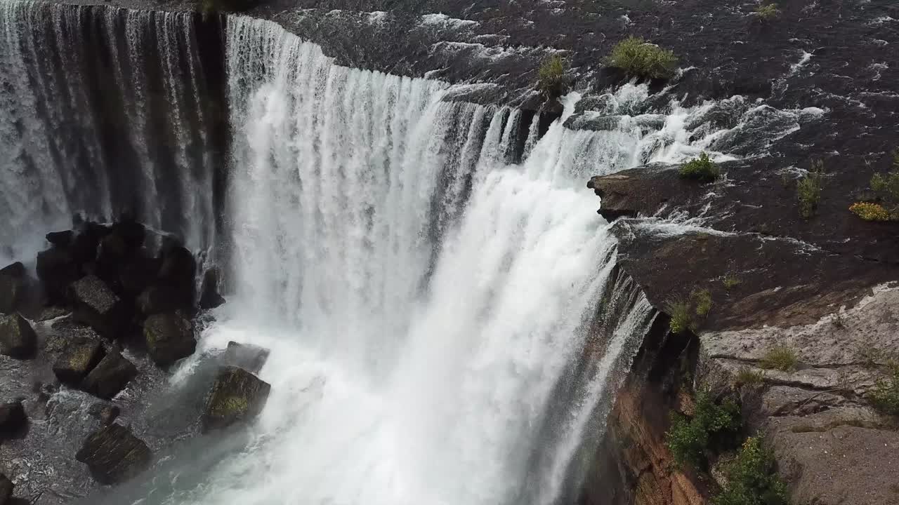 Laja Falls, Chile. Tilt Up Aerial View of Idyllic Waterfalls. Popular Touristic Attraction