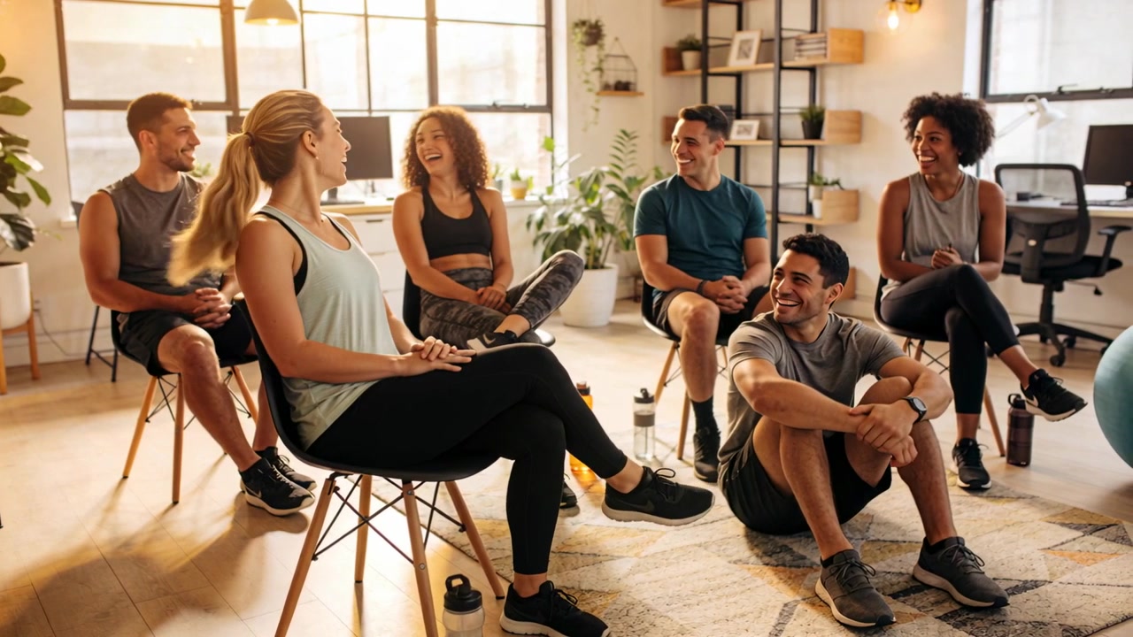 Kvinde med hestehale leder fitnessklasse i studie, taler, mens gruppe i træningstøj griner, med bold.