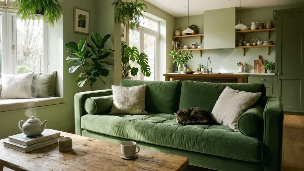 Sala de estar verde serena con un gato dormido y plantas de interior