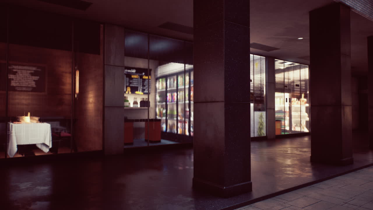 비가 오는 밤 상점 앞