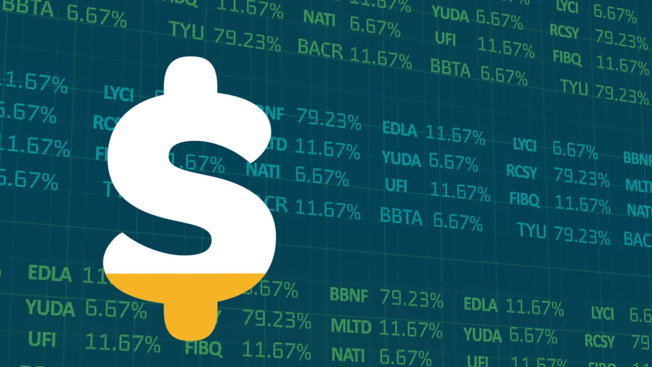 Animation af dollarsymbol, der fyldes med gult over finansiel databehandling