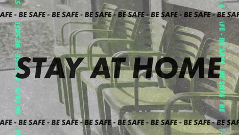 animation of words stay at home and be safe with a terrace in background