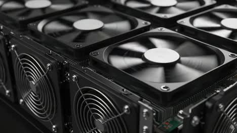 a close-up view of industrial cooling fans and heat sinks in action, showcasing their design and functionality in a high-tech environment