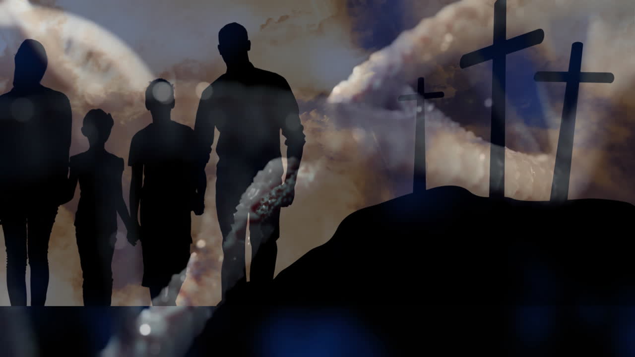 Walking towards three crosses on hill, silhouetted family at sunset in animation