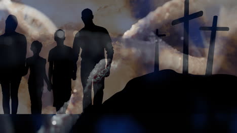 walking towards three crosses on hill, silhouetted family at sunset in animation
