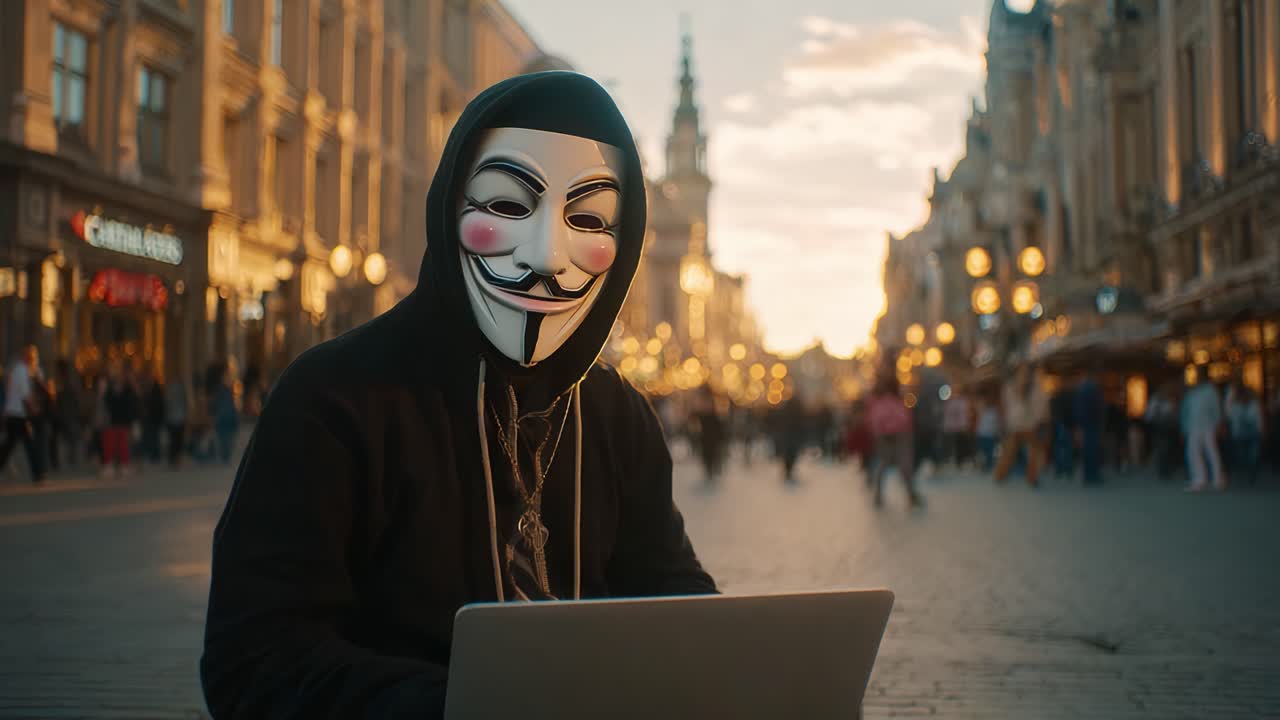A masked figure immersed in digital engagement, showcasing the intersection of anonymity and technology amidst a bustling city backdrop at twilight