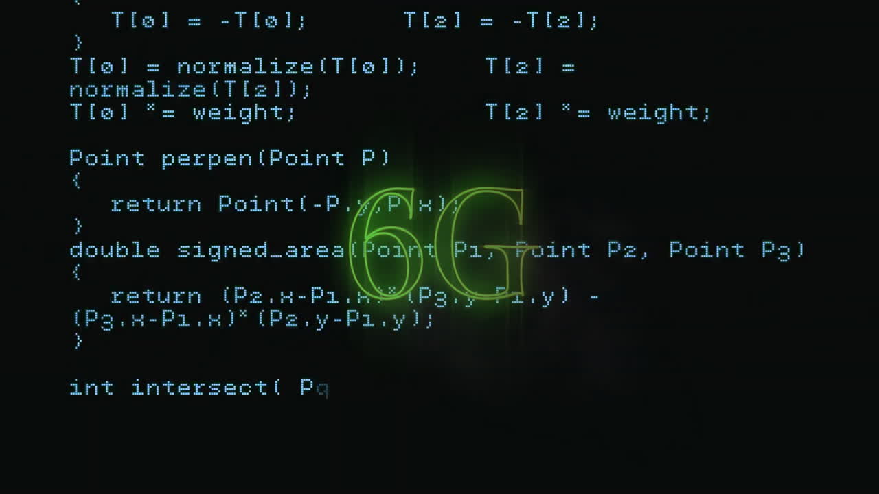 Green 6G text animation over programming code on dark background