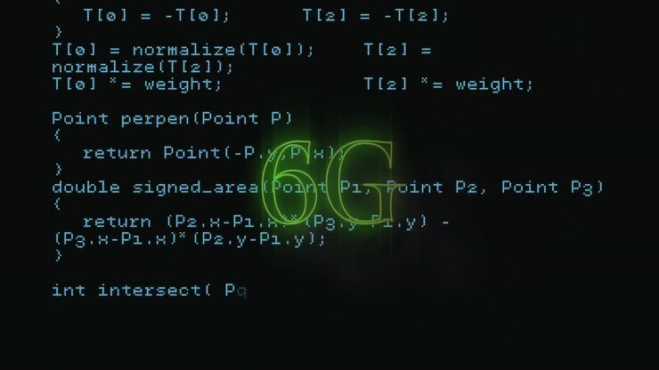Grøn 6G tekst-animation over programmeringskode på mørk baggrund