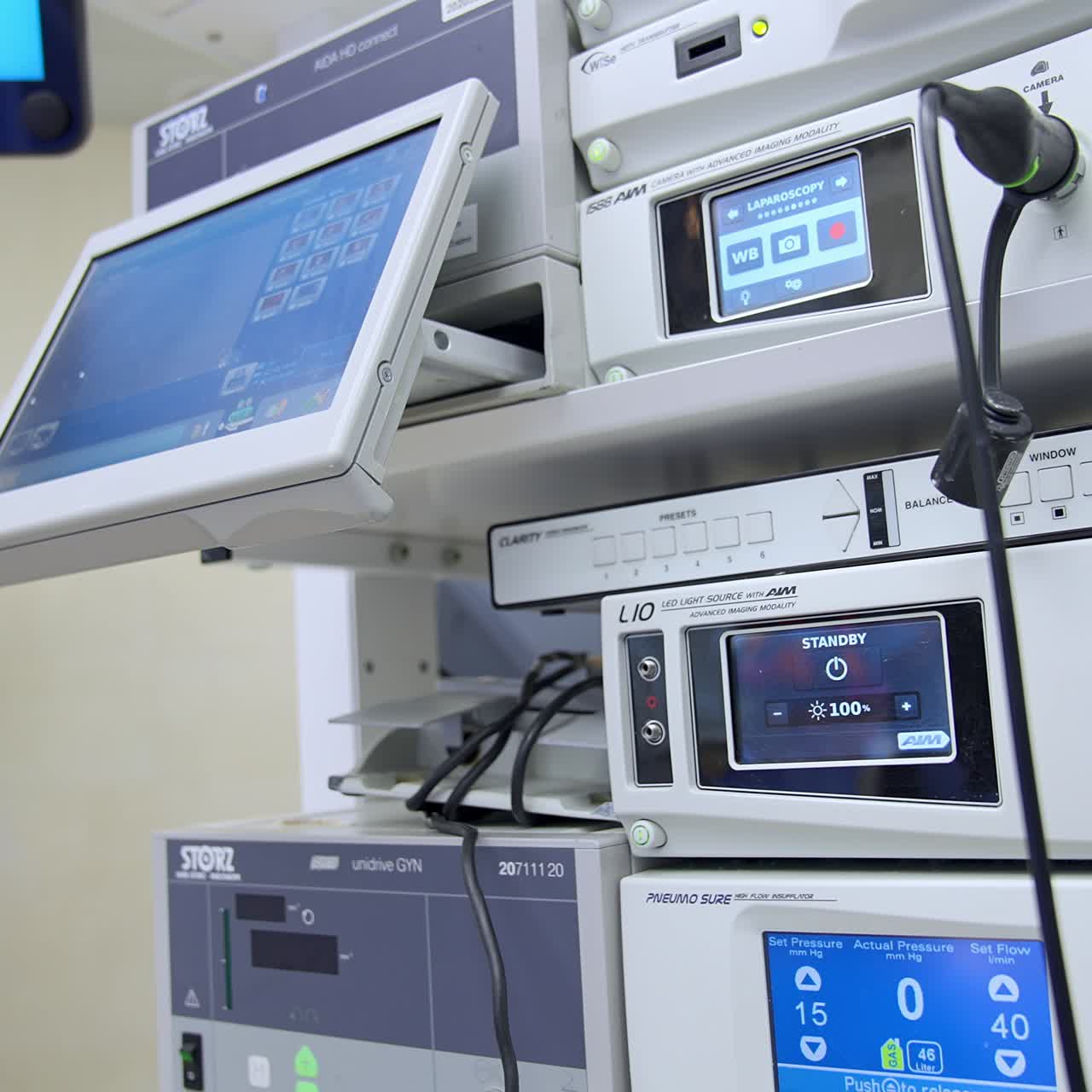 Combination of technological advanced apparatuses working in the surgery room. Equipment for surgeries in modern clinics