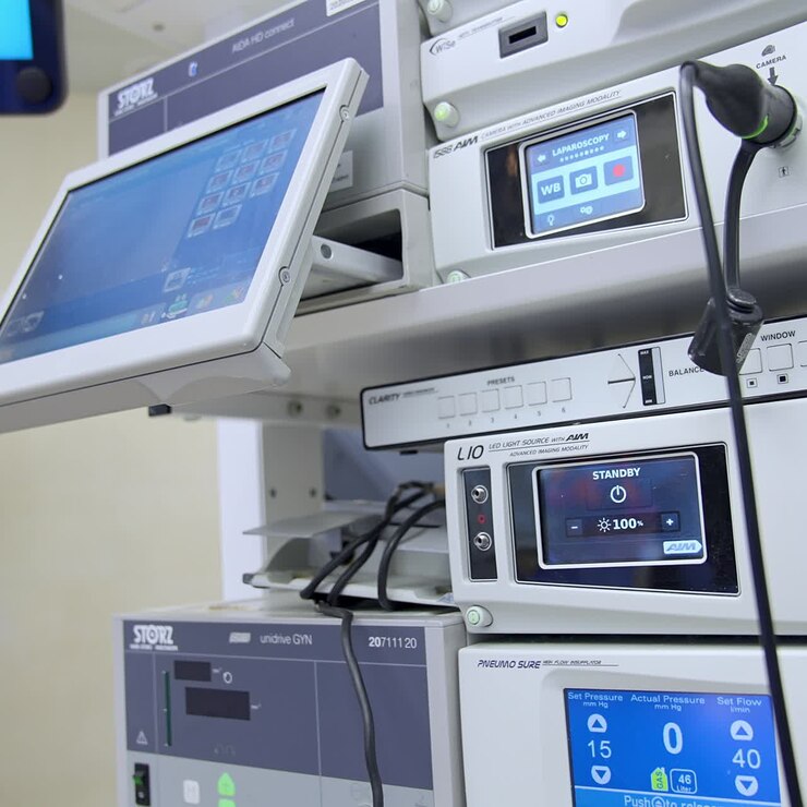 Combinazione di apparati tecnologici avanzati in sala operatoria. Attrezzatura per interventi chirurgici in cliniche moderne