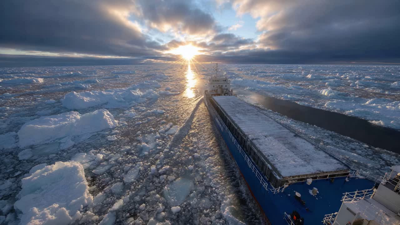 A Vessel Navigating Through Ice-Covered Waters Under a Dramatic Sunrise: A Stunning Display of Nature's Beauty and Maritime Resilience