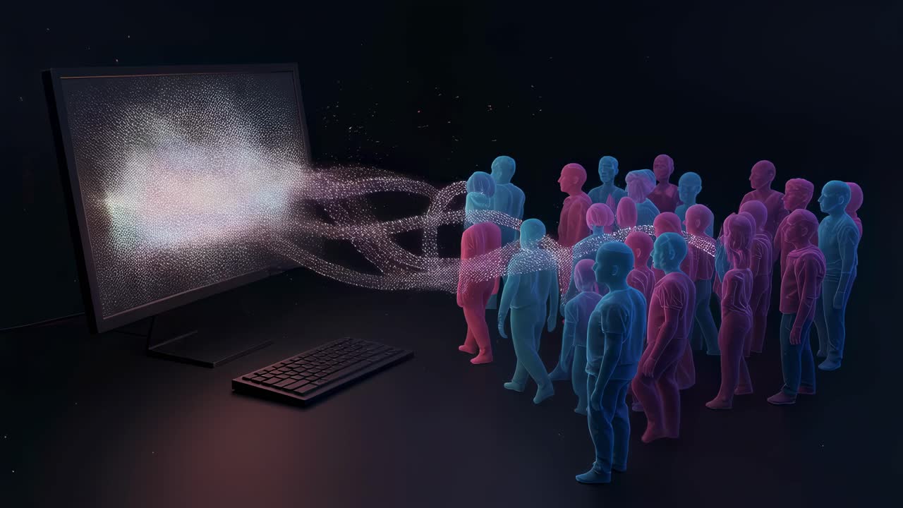 People observe interactive digital art installation with swirling colors and shapes at a modern exhibition