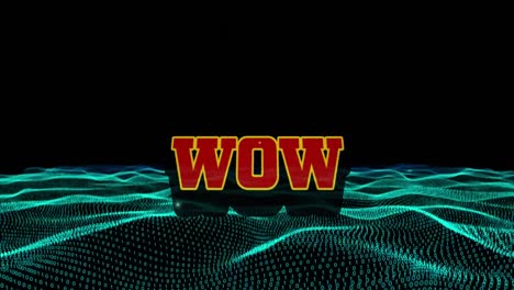 Animation-of-wow-text-with-hexagonal-shapes-rotating-over-wave-patterns-moving-in-loop,-copy-space