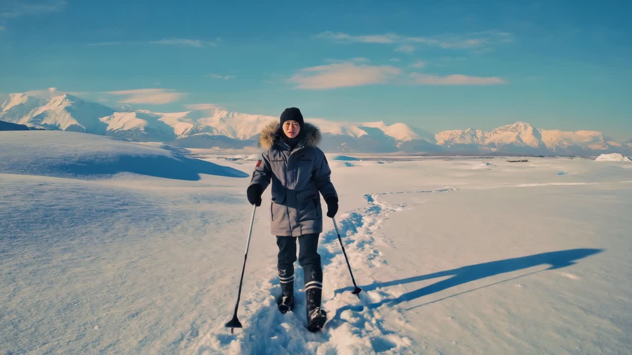 Woman Skiing in a Snowy Mountain Landscape