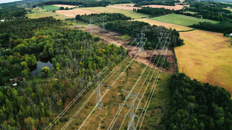 aerial drone flyover of high voltage transmission power lines passing through forest in rural countryside