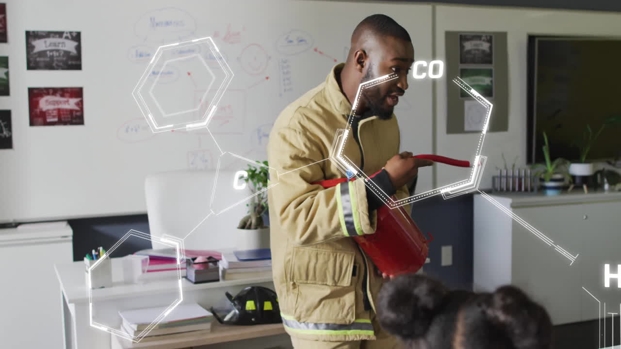 Animation of chemical formula over biracial male teacher with extinguisher in classroom