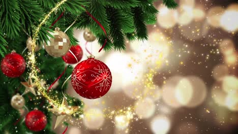 Animation-of-golden-shooting-star-over-decorated-christmas-tree-branch-against-spots-of-light