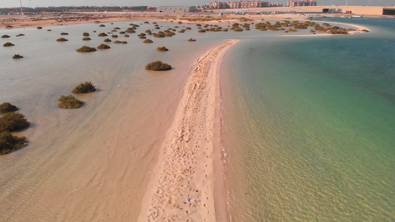 녹색 열대 중동 바다 물에서 모래 은행과 맹그로브 위로 비행