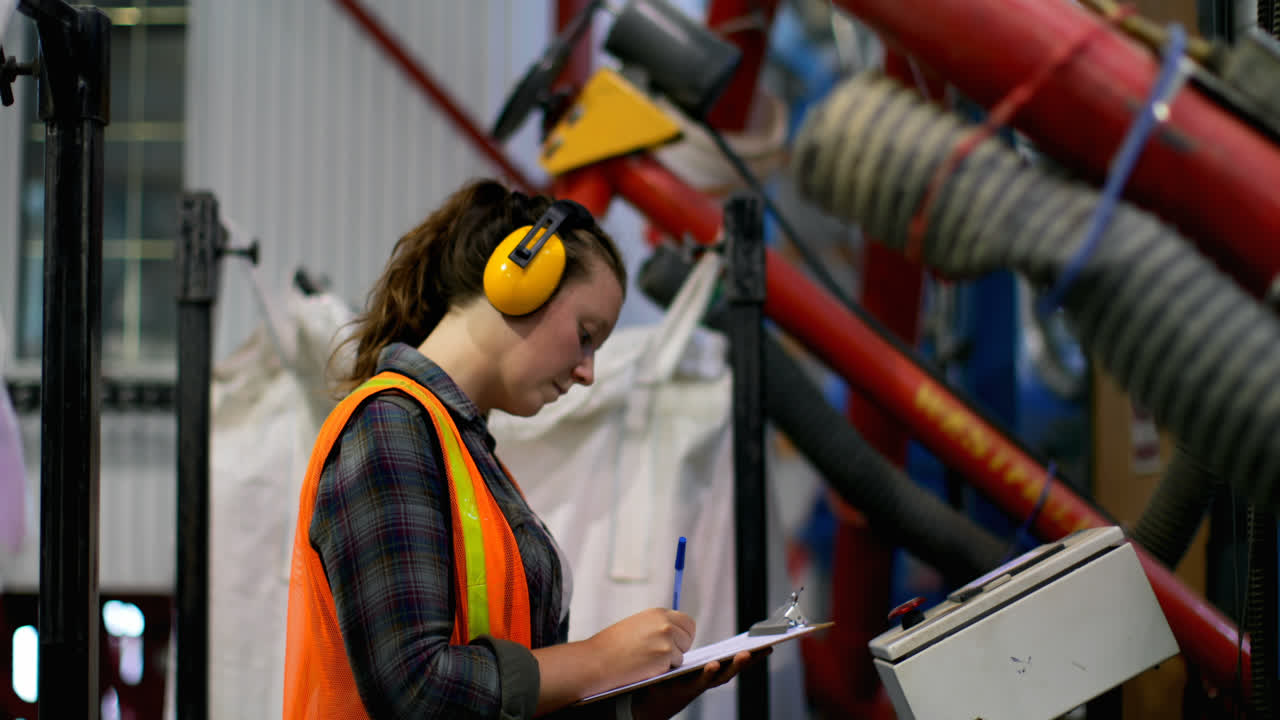 Side view of young caucasian female worker checking stocks in factory 4k