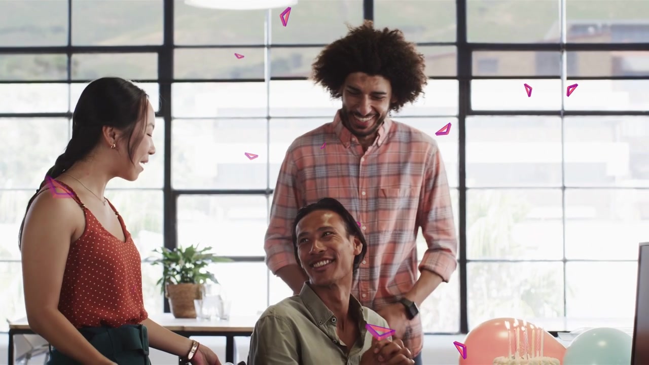 Vertical video: Office woman with cake tapping candles, celebrating him; balloons, pink overlays