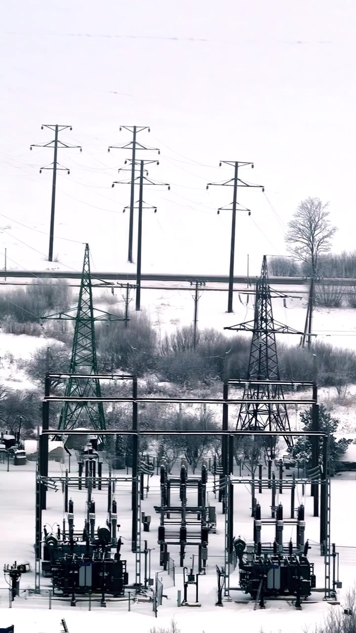 A cinematic aerial shot showing high voltage power lines and an electrical substation covered in snow. Ideal for themes of energy infrastructure, sustainability, and winter utility maintenance.