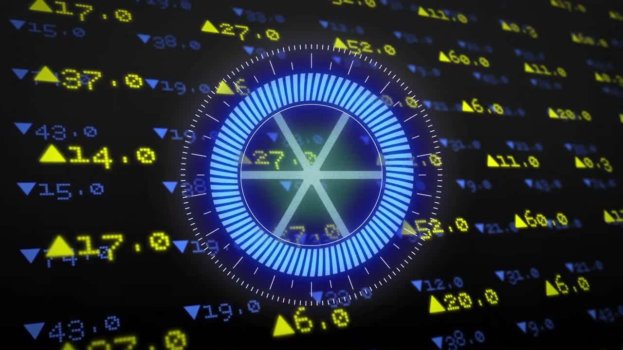 검은 바탕에 대한 증권 시장 데이터 처리에 대한 네온 둥근 스캐너의 애니메이션