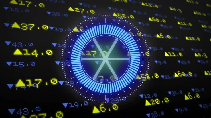 Animazione di scanner circolare al neon su elaborazione dati del mercato azionario su sfondo nero