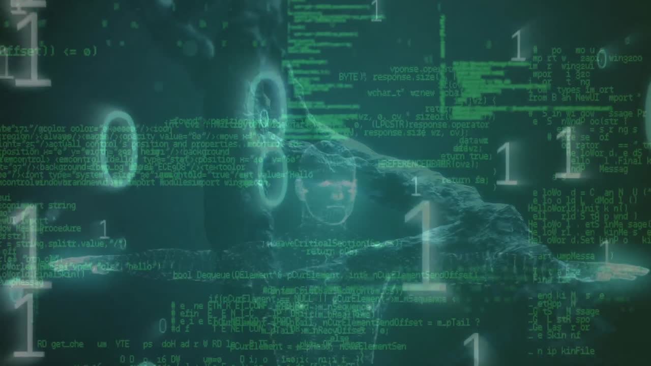 animación de adn giratorio, binario, código, datos y modelo humano en fondo verde