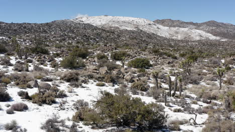 drone shot over the snowcapped hills of the joshua tree national park