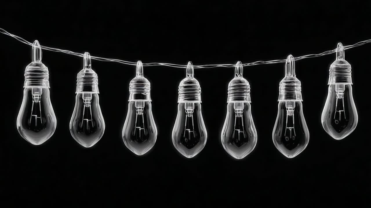 A String of Beautifully Lit Bulbs: Capturing the Transformation from Clear to Illuminated Light in Elegant Atmosphere for Vibrant Decor and Mood Lighting